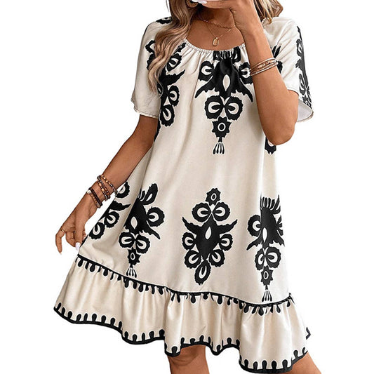 Loose straight leg vintage geometric print dress