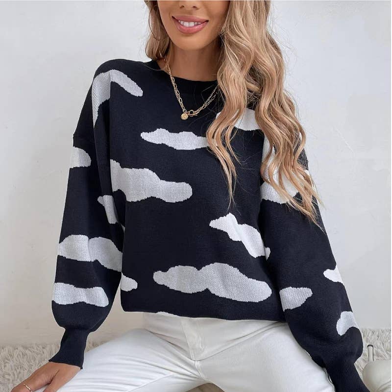 Round-neck black and white jacquard sweater