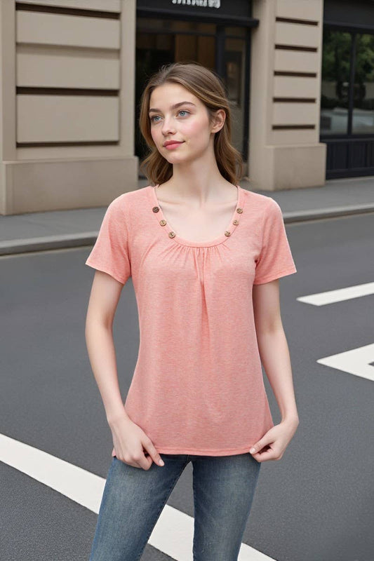 Cwtts00718_Summer New Short-Sleeved T-Shirt Button U-Neck To
