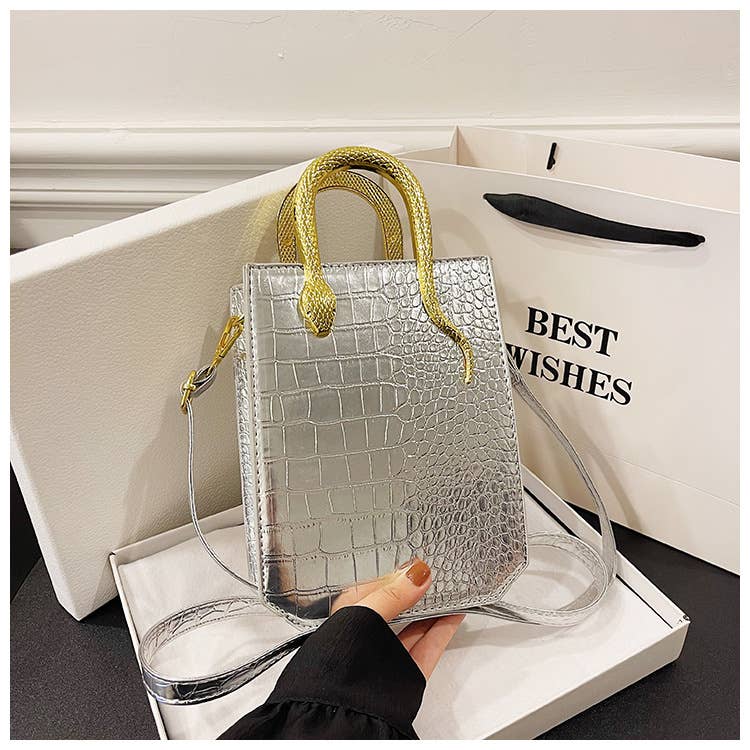 Stone-patterned glossy hand-held tote bag