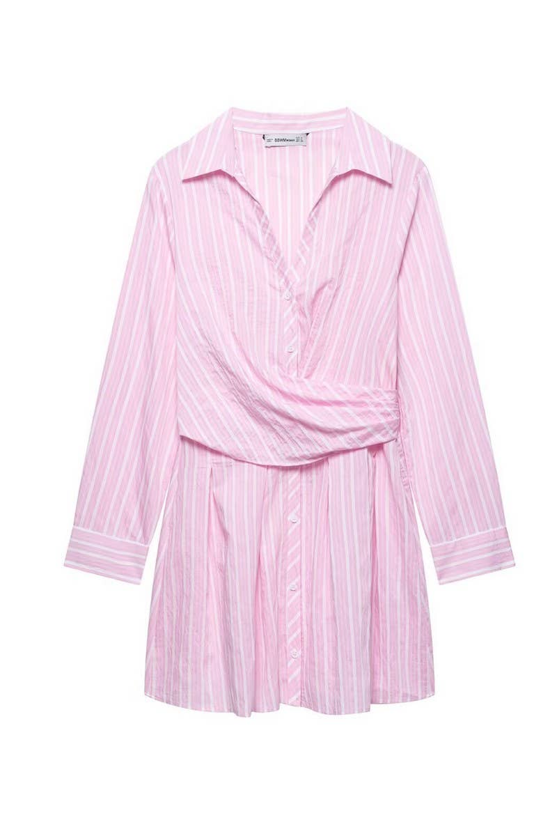 CWDMD5261_SPRING FASHION STRIPED V-NECK LONG SLEEVE DRESS