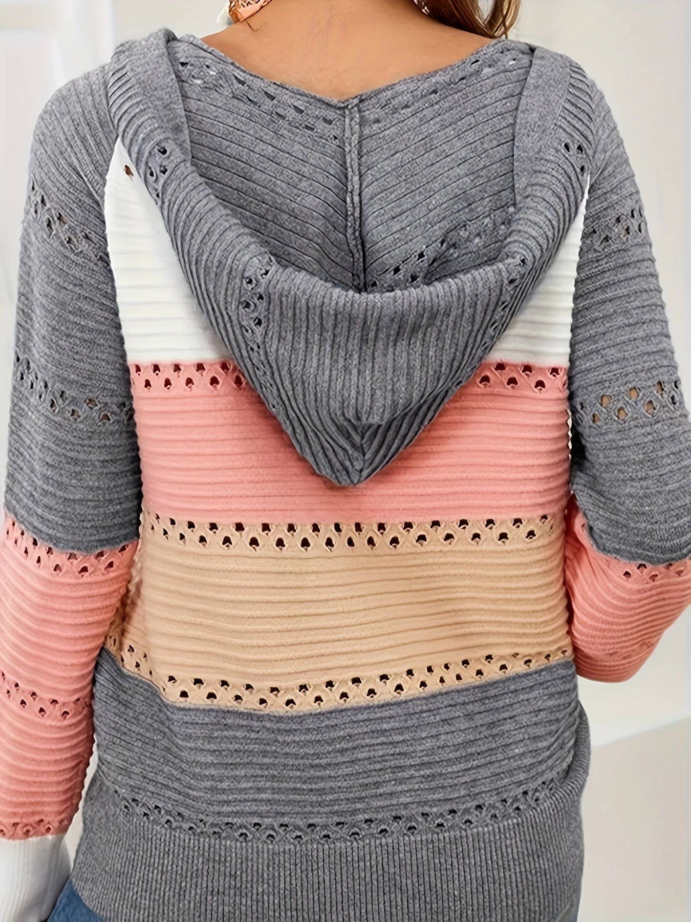 V-NECK STRIPED HOODED KNIT JUMPER
