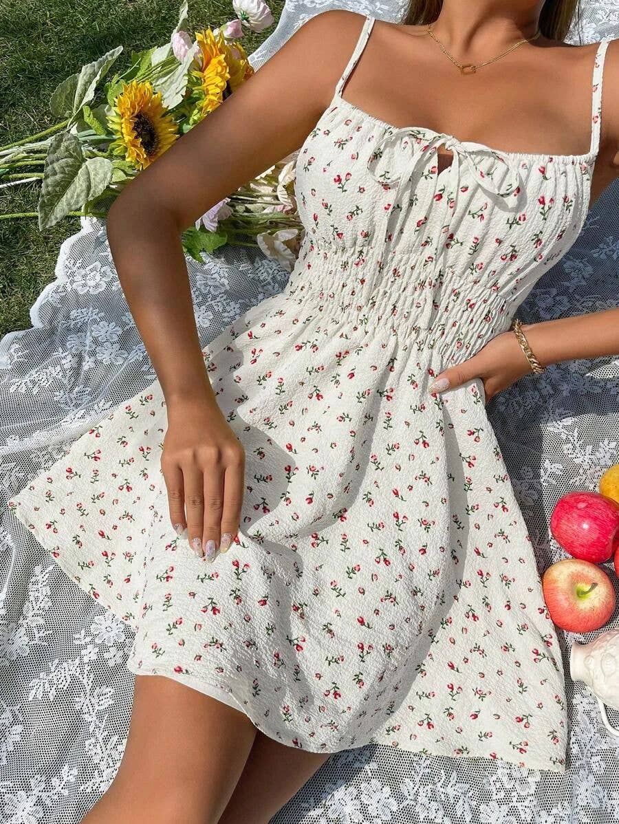 Sexy floral print cinched-waist halter dress