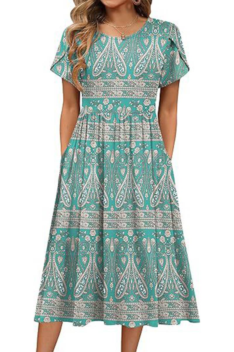 CWDMD6365_ROUND NECK PETAL SLEEVES MIDI PRINT DRESS