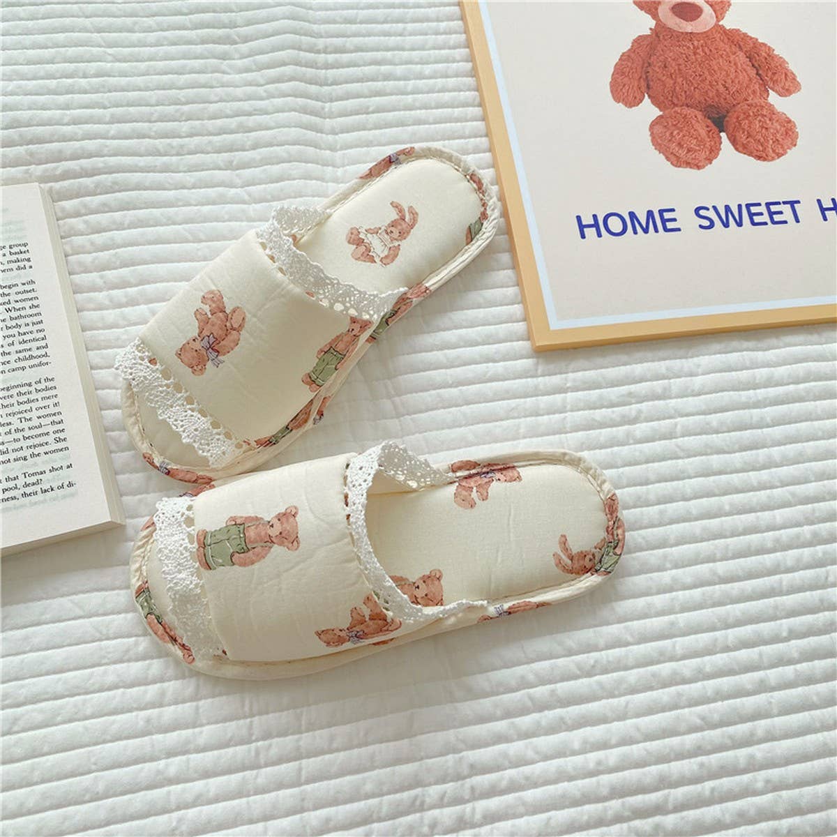 VINTAGE LACE RABBIT BEAR OPEN TOE HOME SLIPPERS