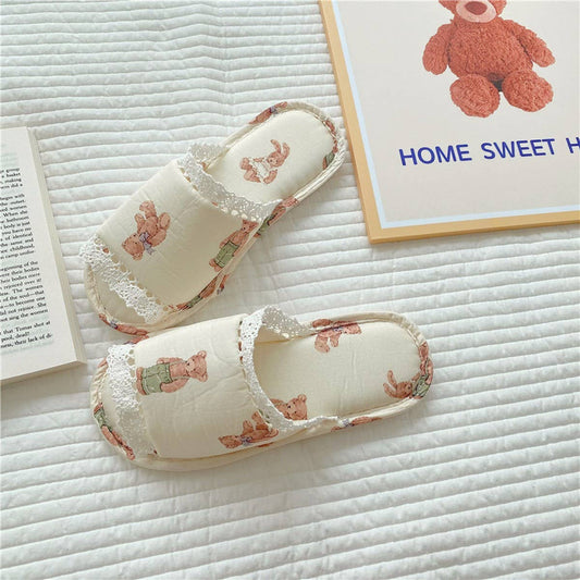 VINTAGE LACE RABBIT BEAR OPEN TOE HOME SLIPPERS