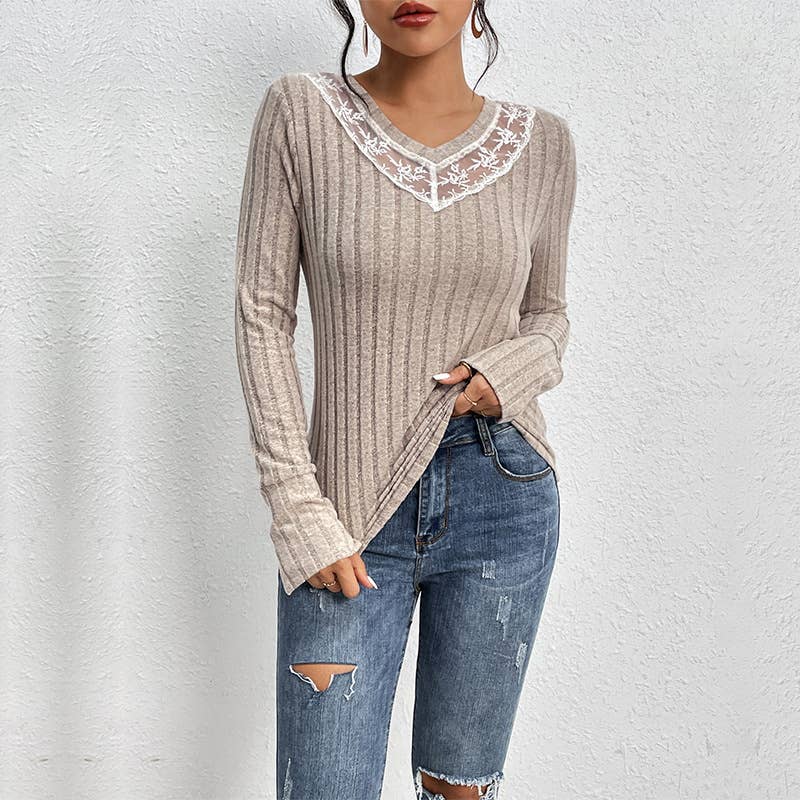 SLIM-FIT LACE PATCHWORK V-NECK PIT STRIP KNITWEAR