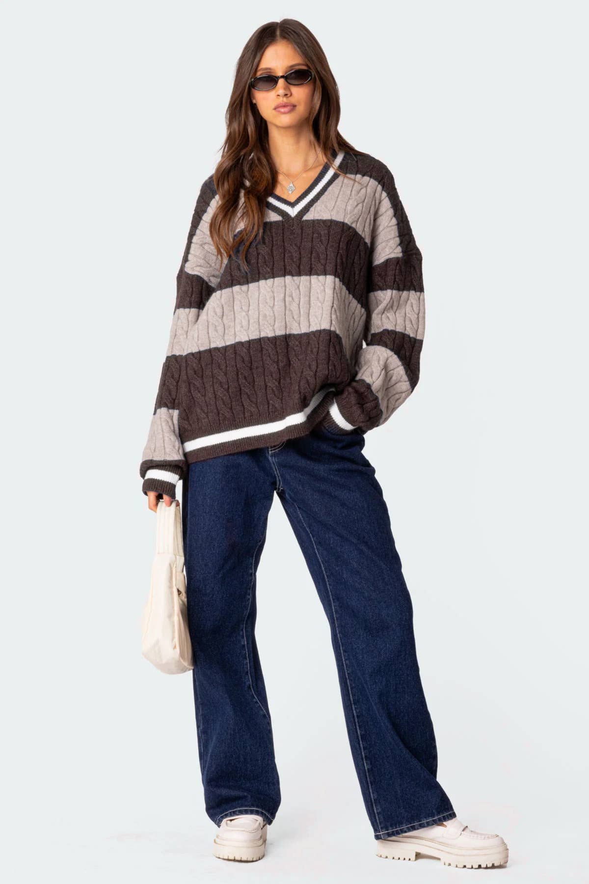 V-neck striped color matching loose sweater