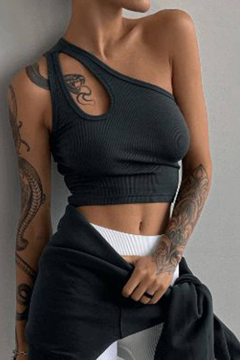 SLANT SHOULDER SLIM CROP CUTOUT SLEEVELESS TOP_CWTTK0309