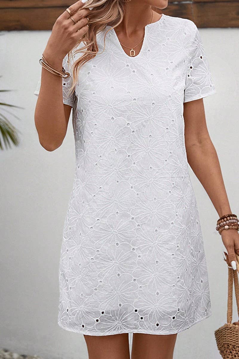 CWDSD8222_SUMMER V-NECK HIGH WAIST SOLID COLOR HOLLOW DRESS