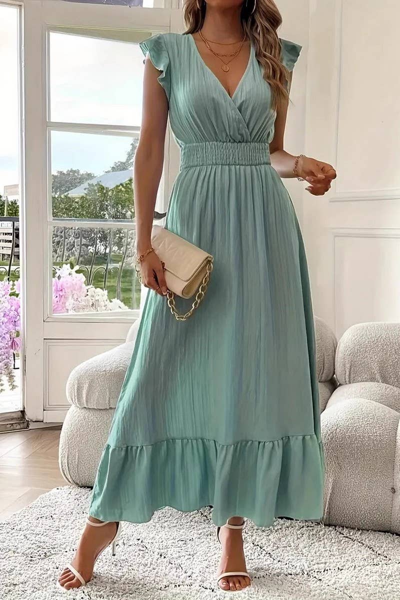 CWDMD5583_SUMMER V-NECK SHORT-SLEEVED LONG DRESS