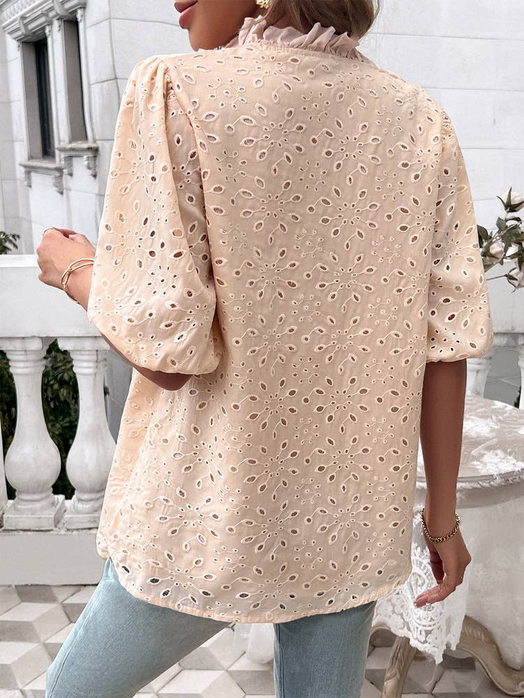 TEMPERAMENT PUFFED SLEEVE EMBROIDERED SHIRT