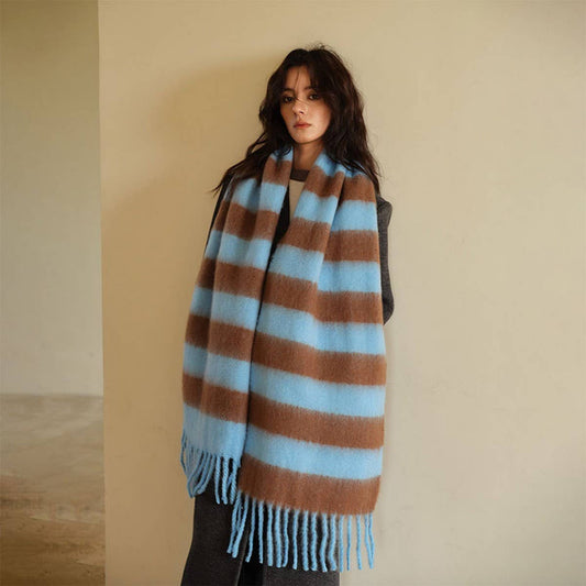 Blue-Brown Stripe Scarf - Thick Winter Wrap_CWASC2332