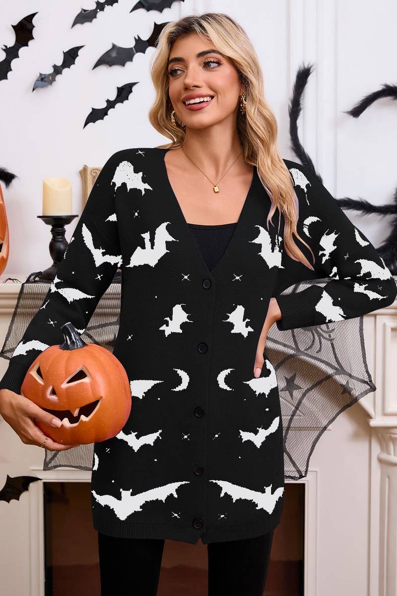 CWOCAL00697_HALLOWEEN BAT JACQUARD LONG SLEEVE CAPE CARDIGAN