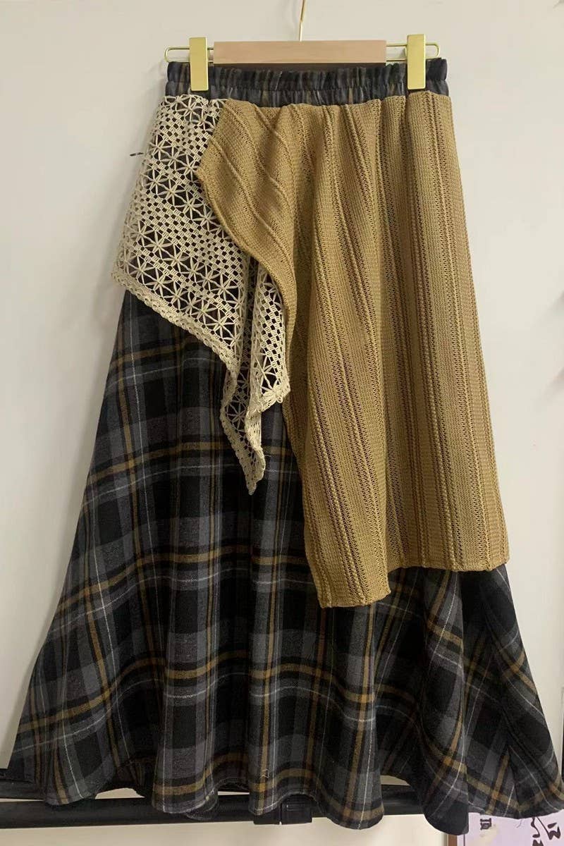 CWBLS00710_VINTAGE PLAID LACE HIGH WAIST A-LINE SKIRT