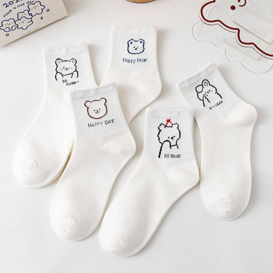 FRESH COLLEGE STYLE BEAR WHITE MID-TUBE SOCKS