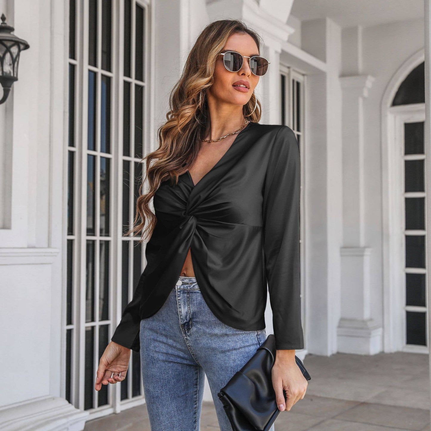 KNOTTED SATIN LONG SLEEVE BLOUSE LADY