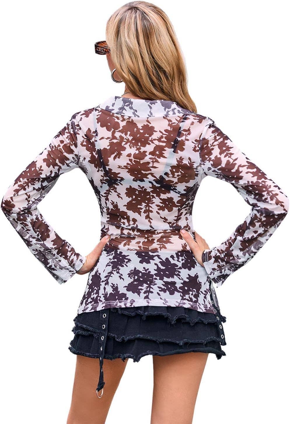 Printed Semi-Transparent Square-Neck Fitted Shirt