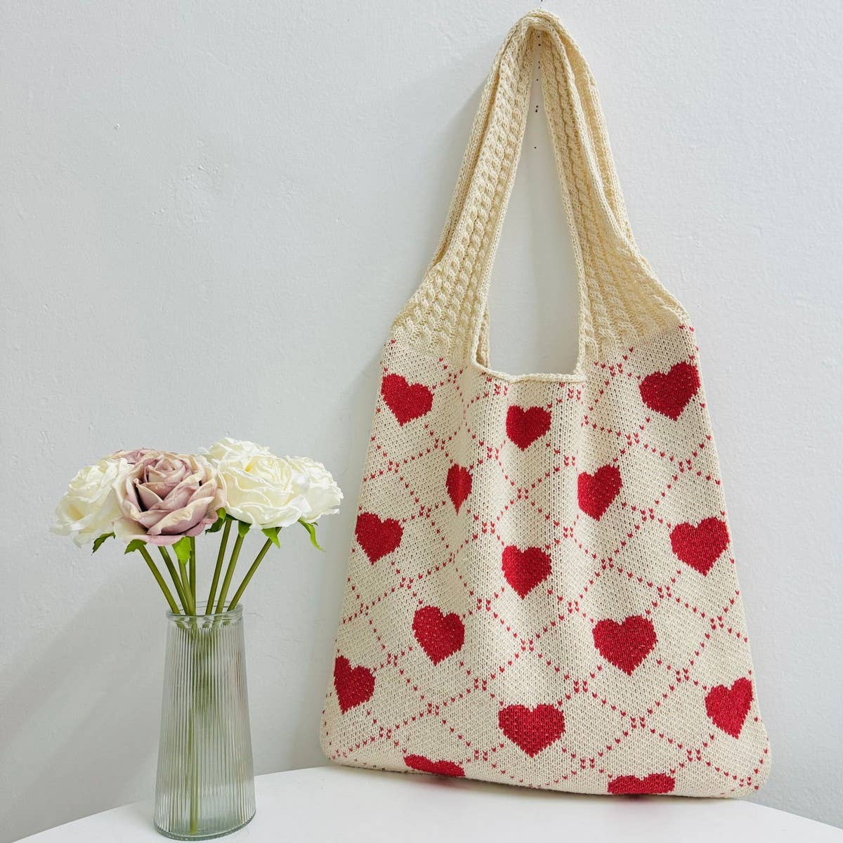 CWAB5064_SHOPPING KNITTED HEART PATTERN WOVEN BAG