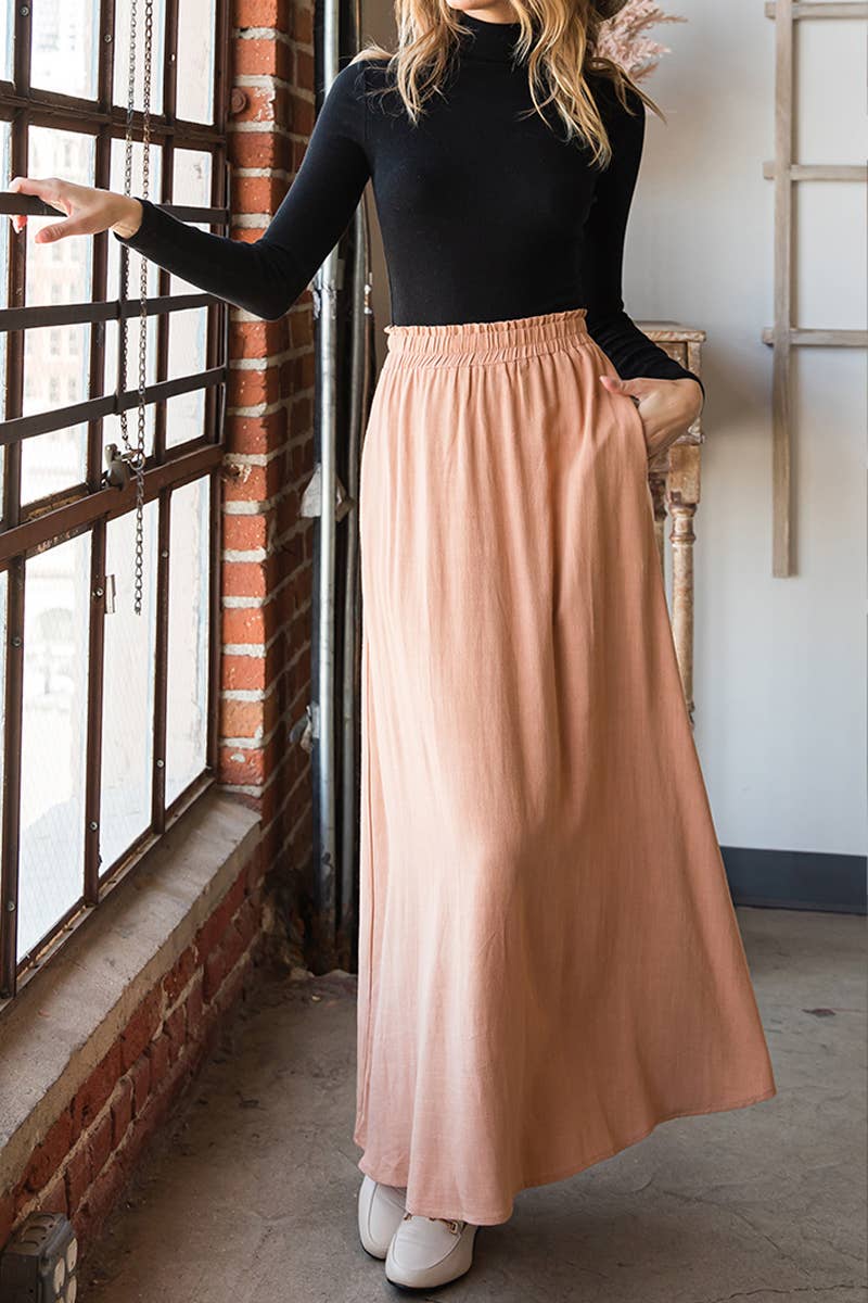 Solid color high waist drop long slit skirt