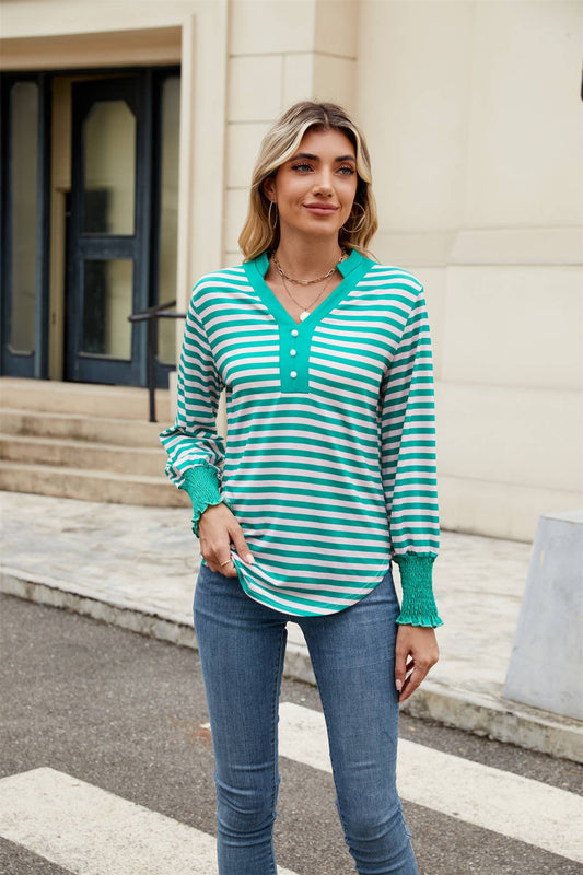 V-neck long-sleeved striped color-blocked top