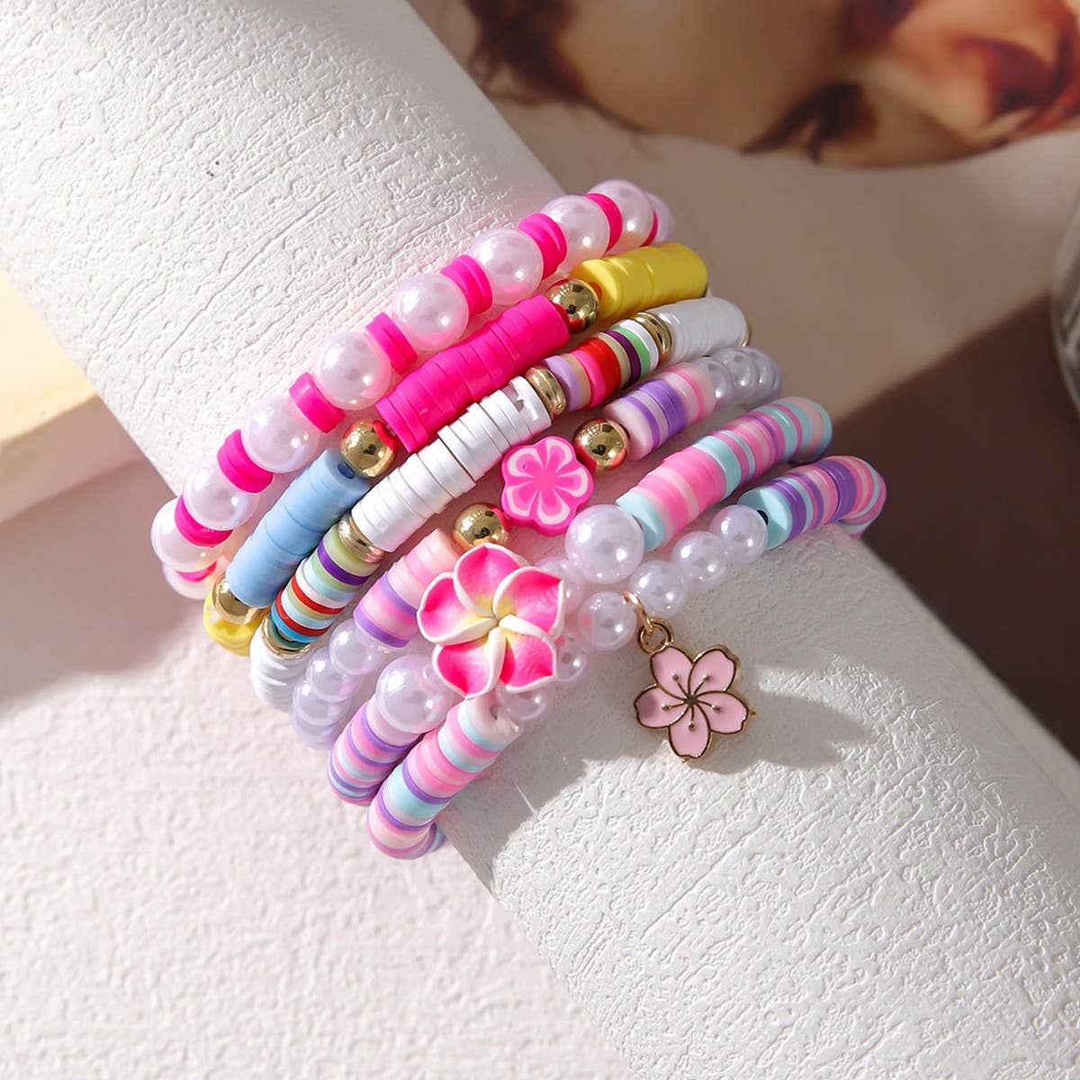 COLORFUL POLYMER CLAY FLOWER SHELL BRACELET SET