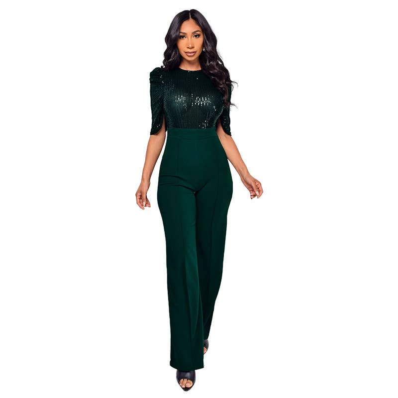 Round-neck,high-waisted sequined jumpsuit