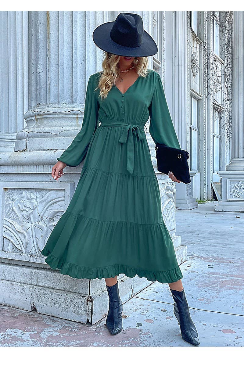 CWDMD01042_CASUAL WORK TIE WAIST LONG SLEEVE DRESS