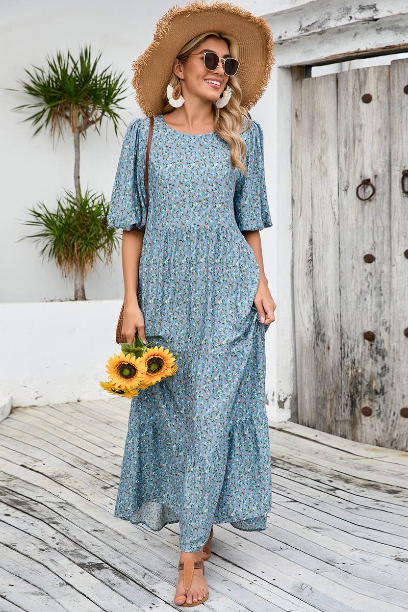 CWDMD4105_LOOSE ROUND NECK RETRO CASUAL FLORAL ROBE DRESS