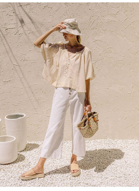 French Cotton Linen T-Shirt Lantern Sleeve Smock