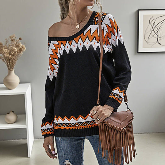 V-neck loose casual contrasting color sweater