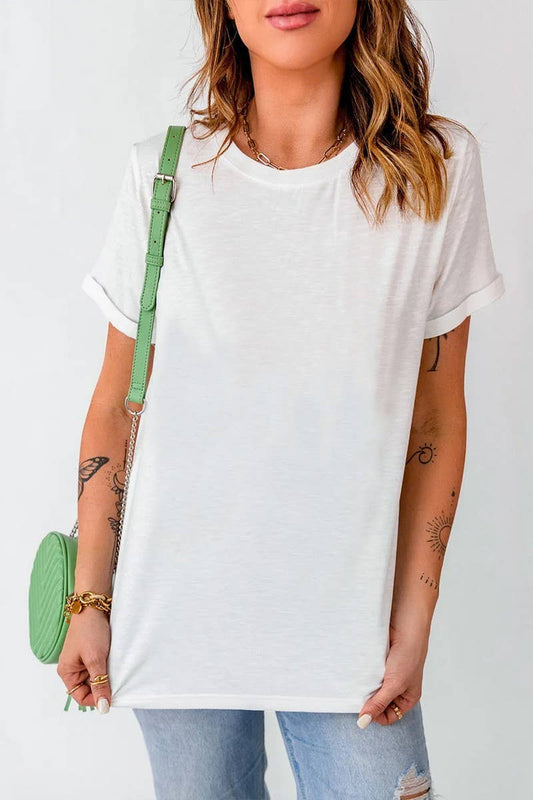 Cwtbls1556_Solid Color Round Neck Pullover Short Sleeve Top