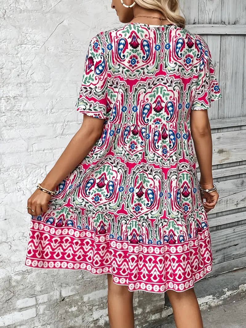 Ethnic style prints loose V-neck short dress