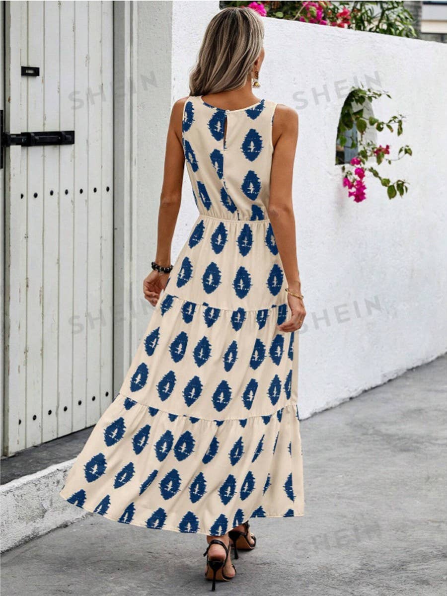 Long boho print dress with waist tucked in