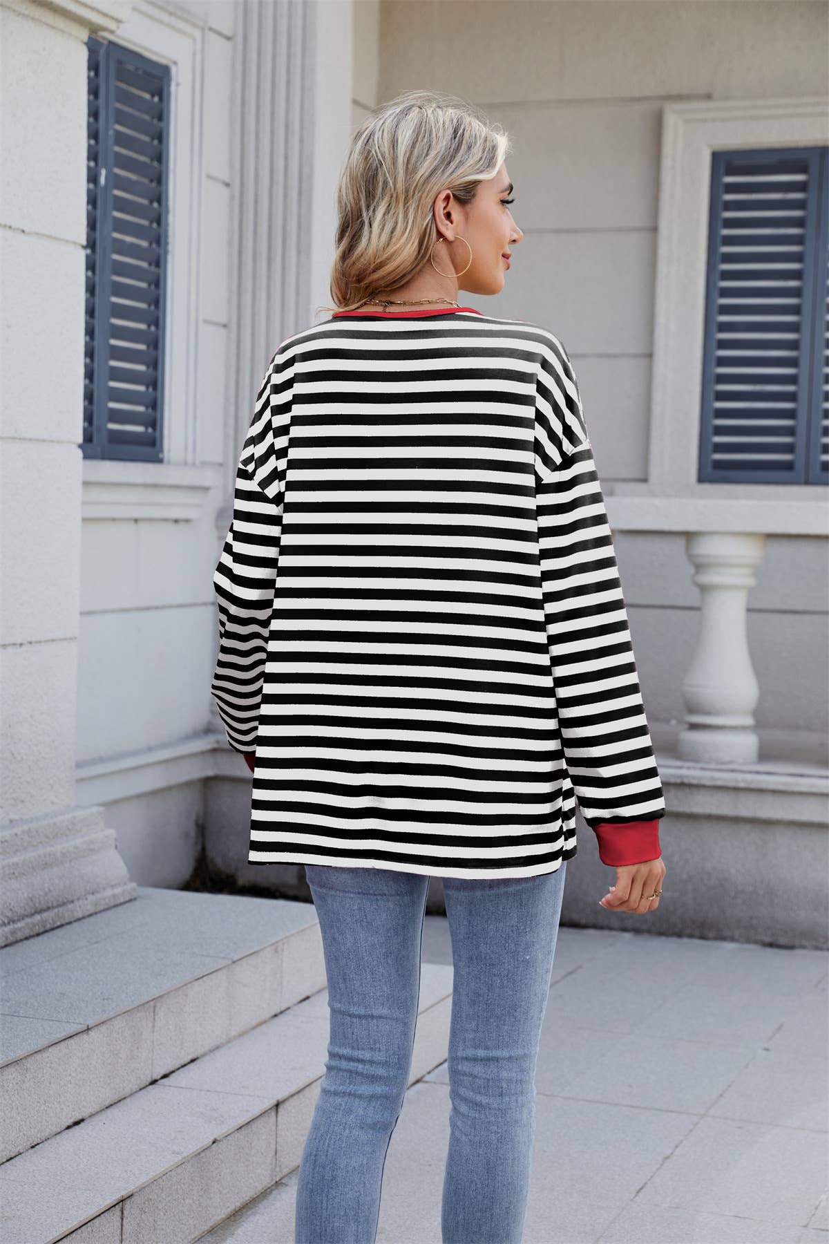 Striped V-neck fashion sexy lace-up sweatshirt