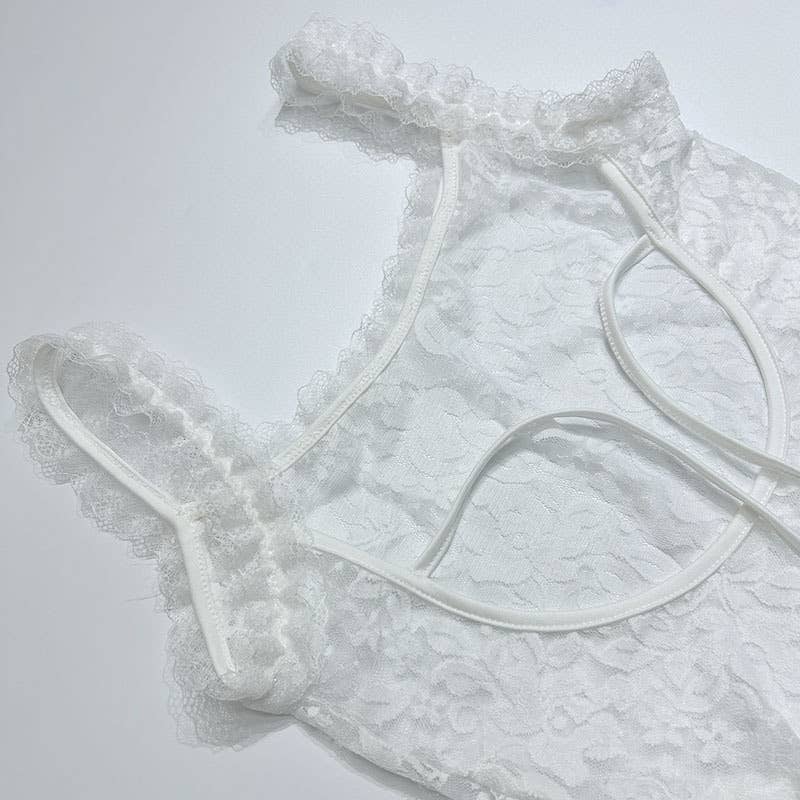 Lace semi-transparent halter one-shoulder dress