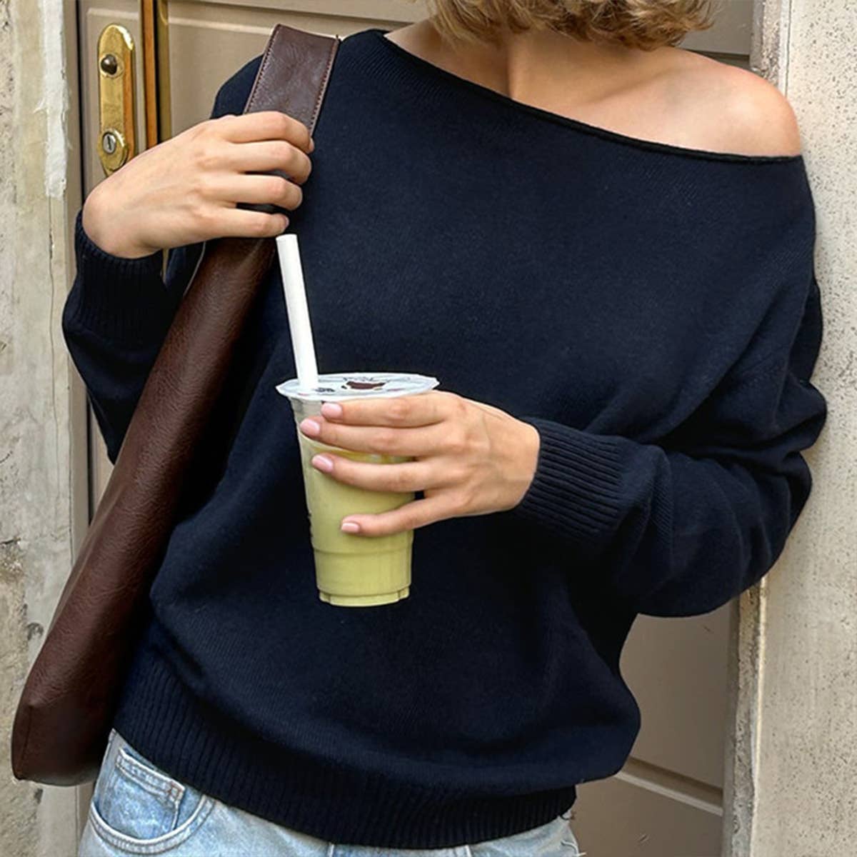 SOLID COLOR DIAGONAL SHOULDER PULLOVER SWEATER