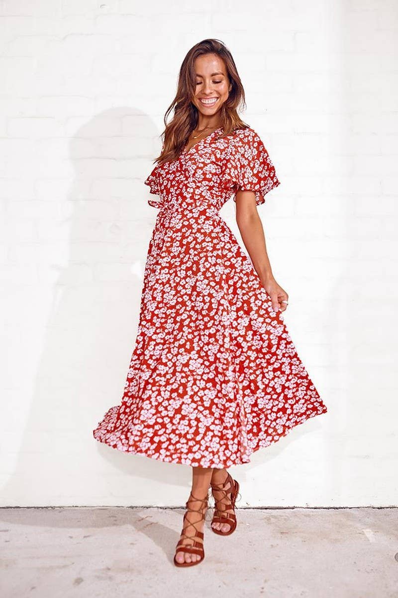 CWDMD4130_PRINTED V-NECK TIE HIGH WAIST MIDI DRESS