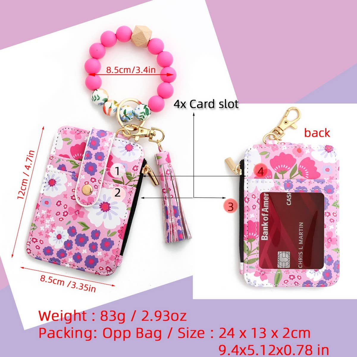 Floral PU Wallet with Bead Bracelet & Card Holder_CWAB4955