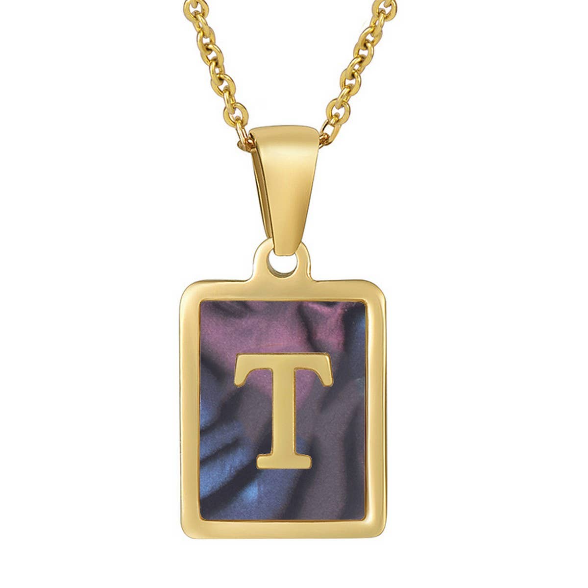 CWAJE1930_Square Stainless Steel Color Shell Letter Necklace