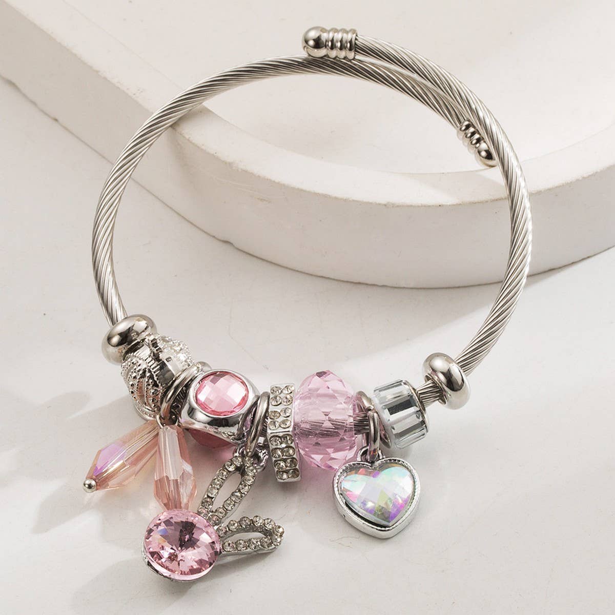 Silver Stainless Steel Bracelet with Rabbit & Heart
