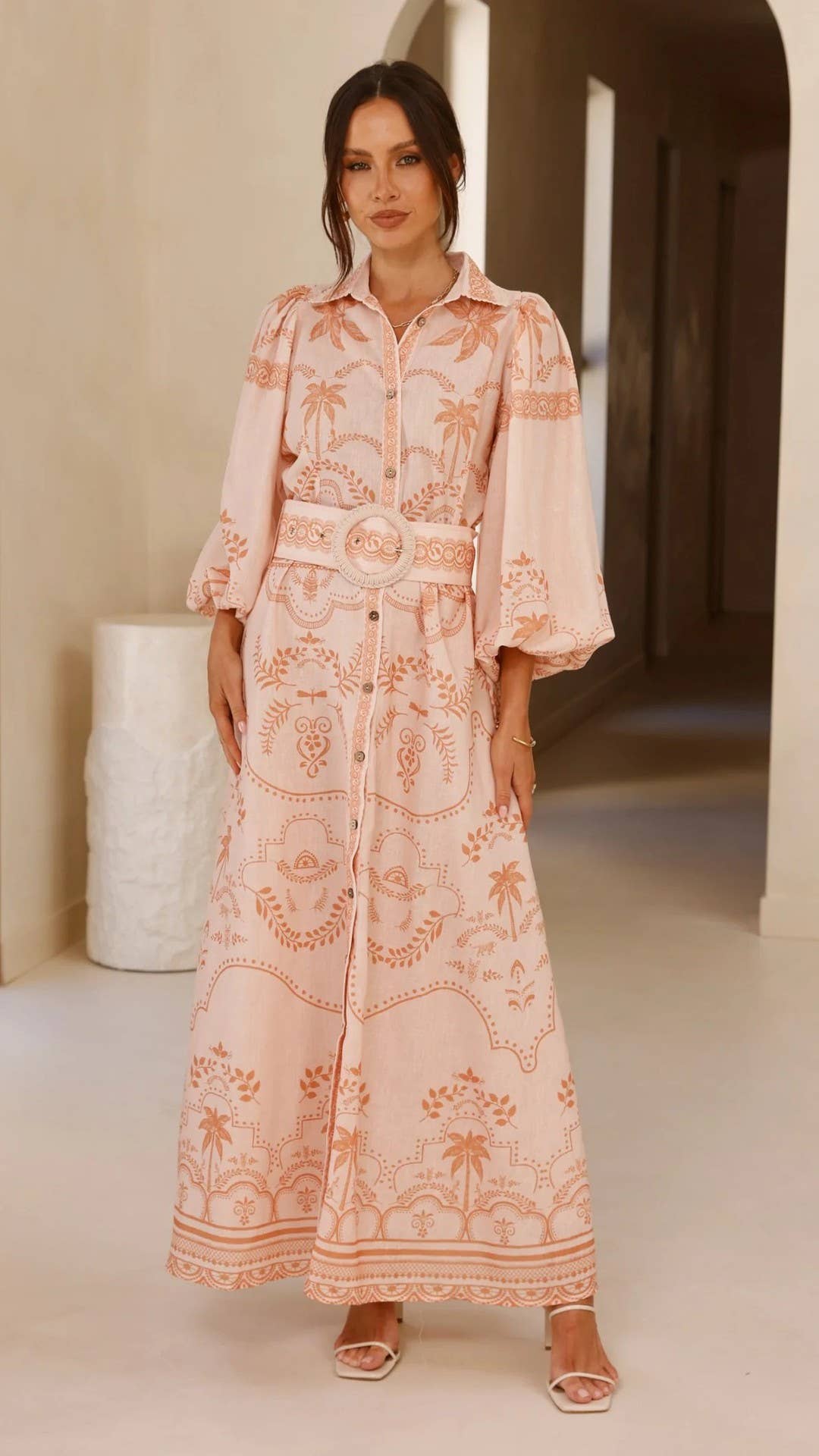 Loose belt cinched waist puffed sleeve dress