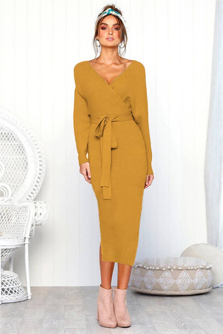 SEXY V-NECK LACE-UP LONG-SLEEVED DRESS