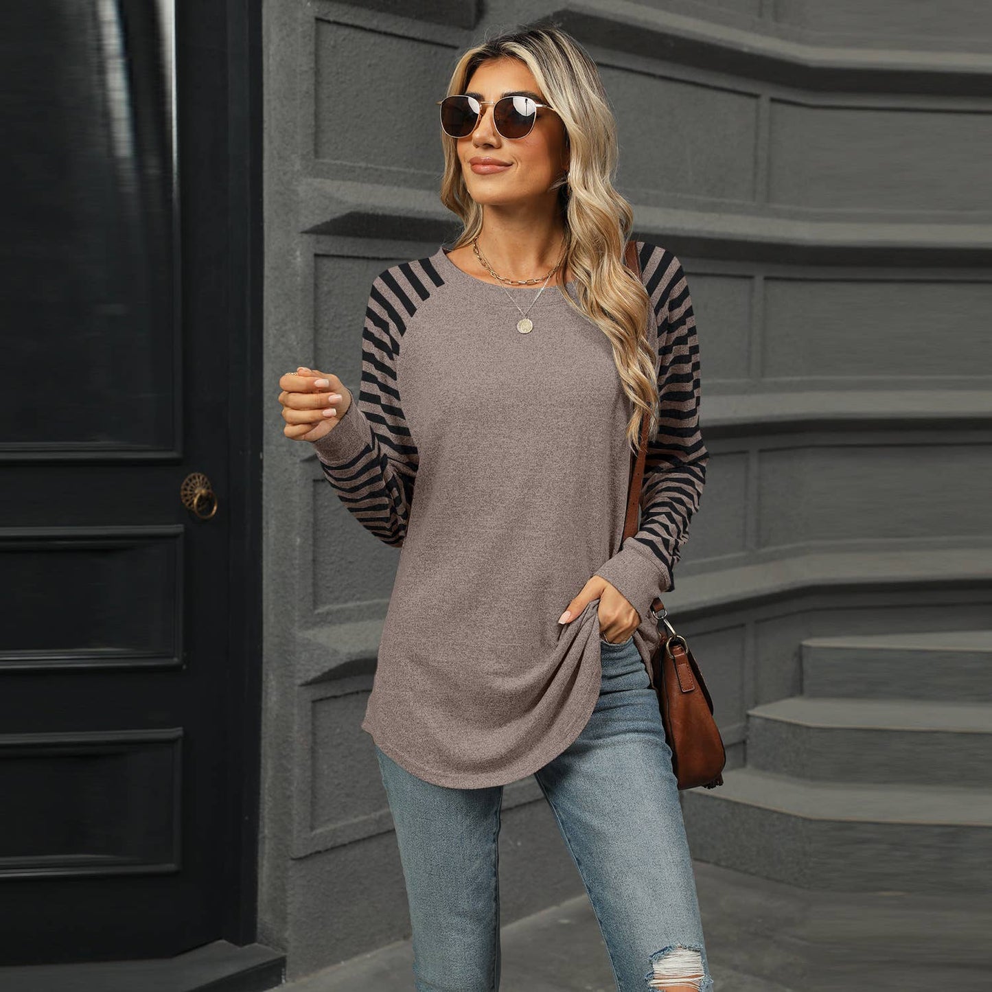 STRIPED PATCHWORK CREW NECK LONG SLEEVE T-SHIRT