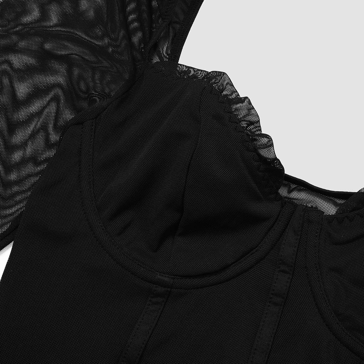 SEXY DOUBLE-LAYER MESH RUFFLED BODYSUIT