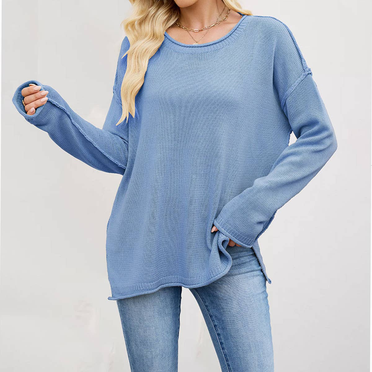 Solid color round-neck loose pullover sweater