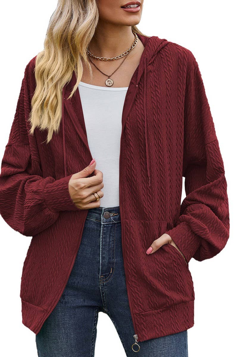 CWOHOL0476_ Casual Zip-Up Open Front Hoodie Cardigan Top