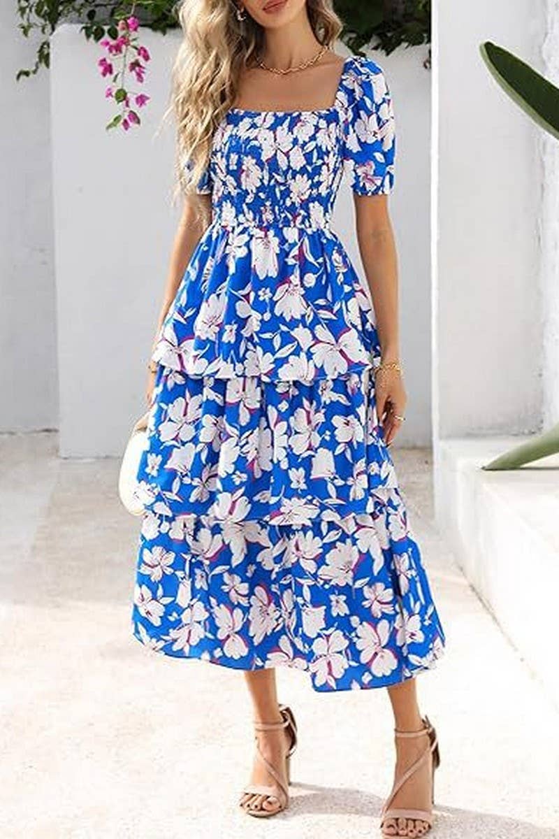 CWDMD01026_SQUARE NECK SHORT SLEEVE FLORAL CHIFFON DRESS