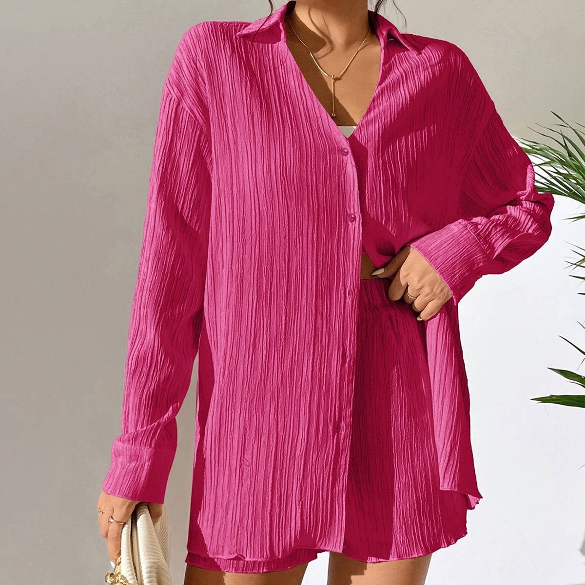 Pleated V-neck texture suit for women