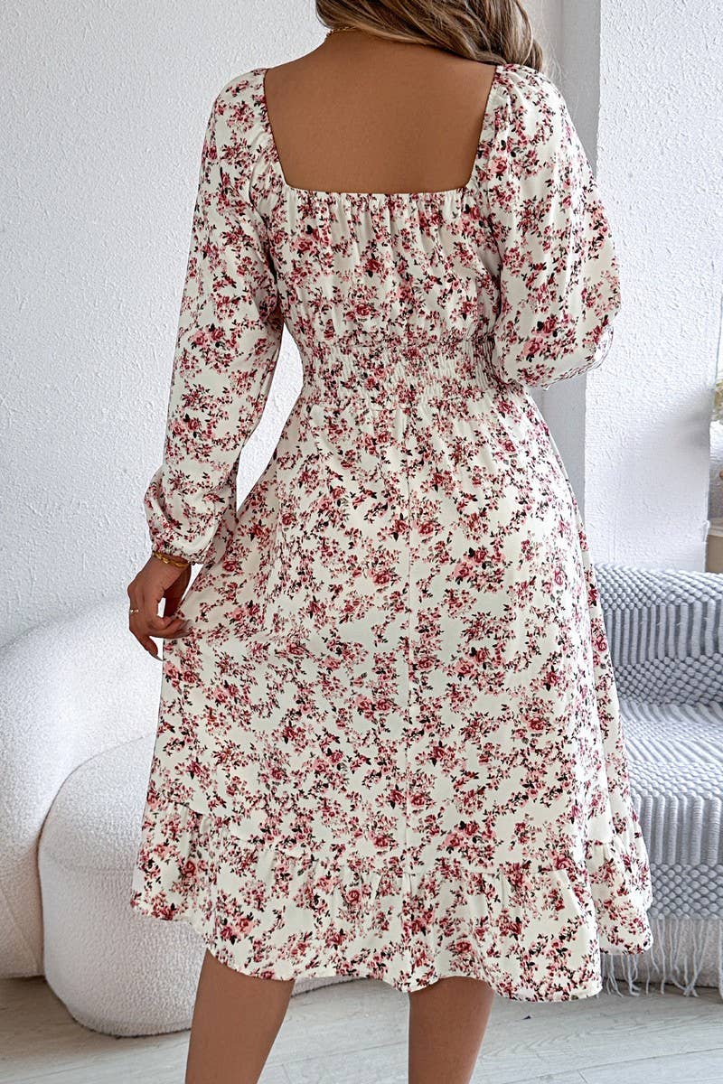 CWDMD6025_FLORAL SQUARE NECK LONG SLEEVE RUFFLE DRESS